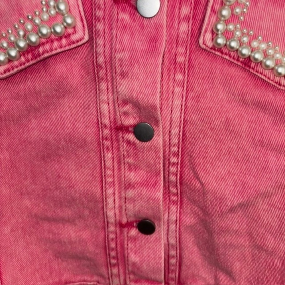 Savanna Jane Pink Acid Wash Pearl Embellished Denim Jacket Western Cropped Small - Picture 5 of 10